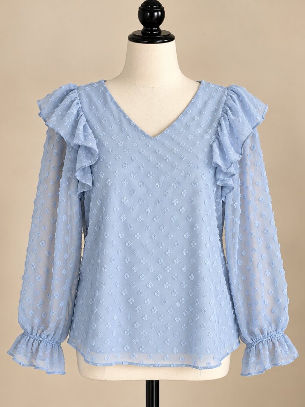 Blue Swiss Dot Ruffle Balloon Sleeve Blouse Medium